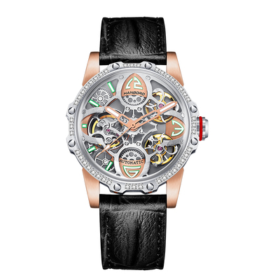 HANBORO Clover Hollow Flywheel Watch Waterproof Fully Automatic Mechanical Watch Genuine Leather Women's Watch 8854-2