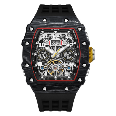 HANBORO多功能碳纖維男士全自動鏤空機械手表防水酒桶形腕表900-3