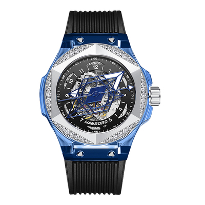 HANBORO Blue Tattoo Watch Men's and Women's Mechanical Watch Fully Automatic Transparent Hollow Watch 996
